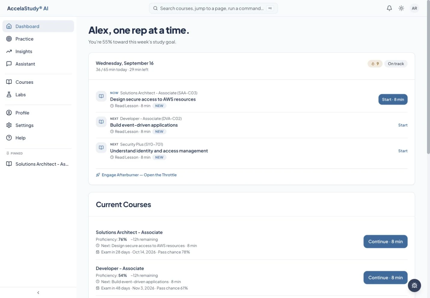 Your daily study plan, active courses, and recent progress in one place.